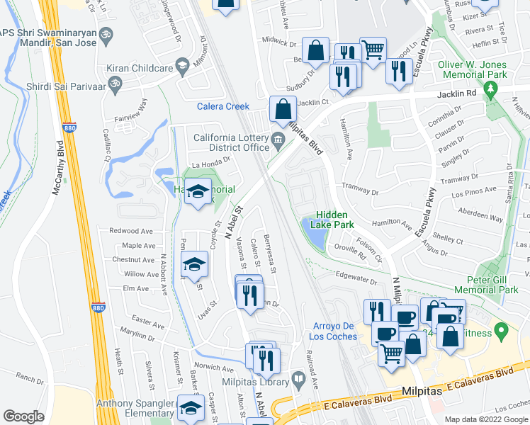 map of restaurants, bars, coffee shops, grocery stores, and more near 890 Berryessa Street in Milpitas