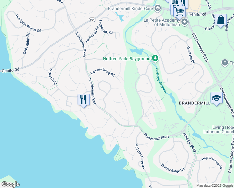 map of restaurants, bars, coffee shops, grocery stores, and more near 3502 Stoney Ridge Road in Midlothian