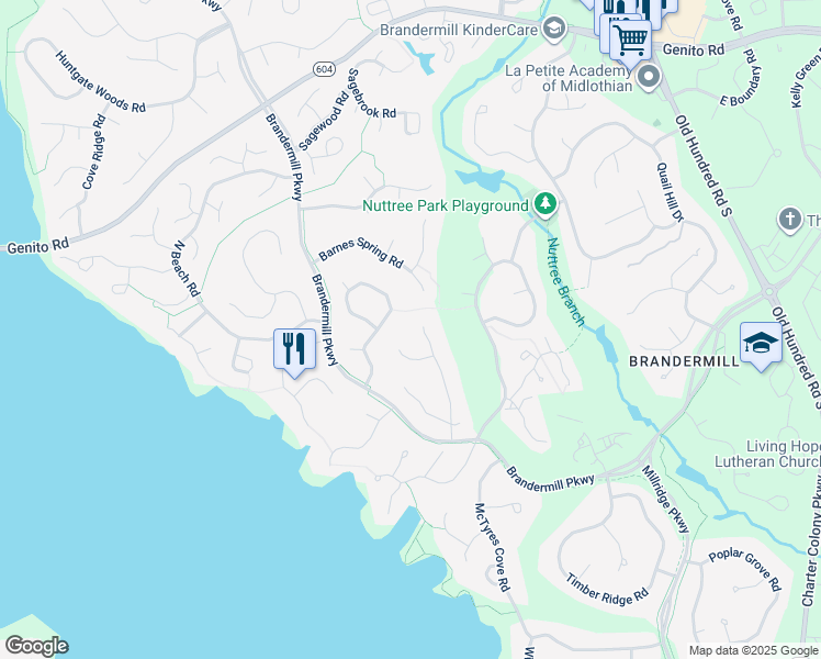 map of restaurants, bars, coffee shops, grocery stores, and more near 3502 Stoney Ridge Road in Midlothian