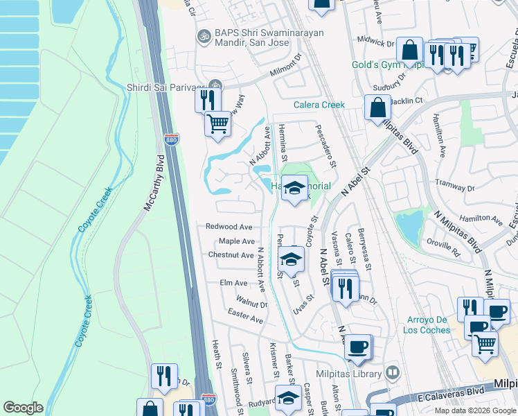 map of restaurants, bars, coffee shops, grocery stores, and more near 582 Glenmoor Circle in Milpitas