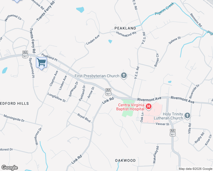 map of restaurants, bars, coffee shops, grocery stores, and more near 3840 Peakland Place in Lynchburg