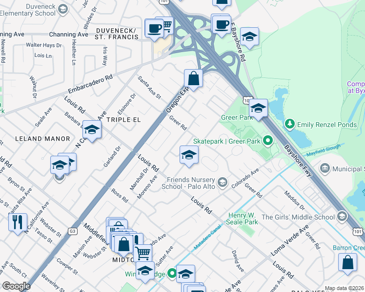 map of restaurants, bars, coffee shops, grocery stores, and more near 972 Moreno Avenue in Palo Alto