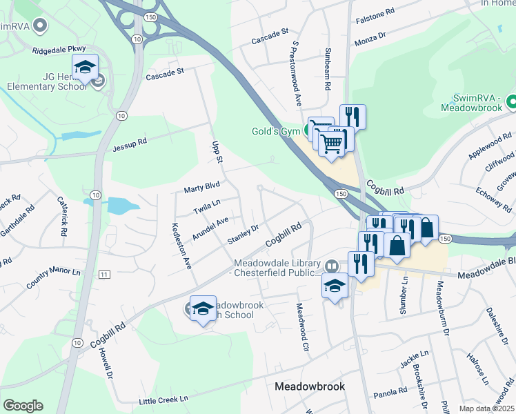 map of restaurants, bars, coffee shops, grocery stores, and more near 5636 Benika Drive in Richmond