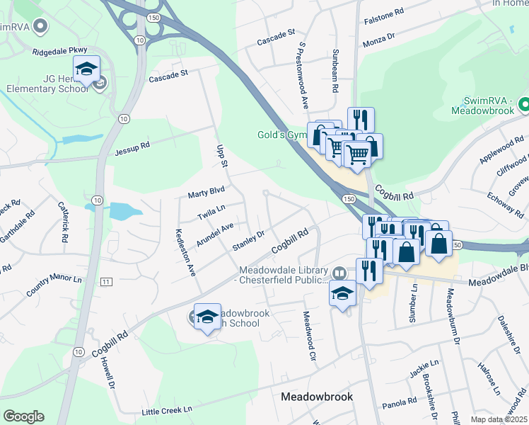 map of restaurants, bars, coffee shops, grocery stores, and more near 5636 Benika Drive in Richmond