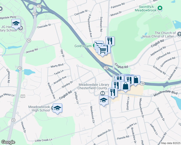 map of restaurants, bars, coffee shops, grocery stores, and more near 4409 Stanley Drive in Richmond