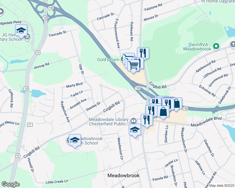 map of restaurants, bars, coffee shops, grocery stores, and more near 4409 Stanley Drive in Richmond