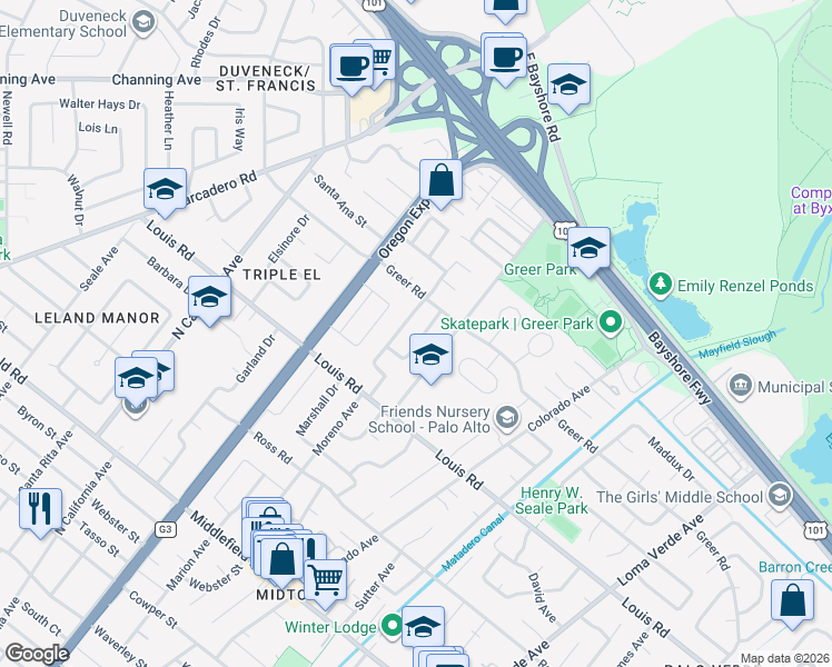 map of restaurants, bars, coffee shops, grocery stores, and more near 972 Moreno Avenue in Palo Alto