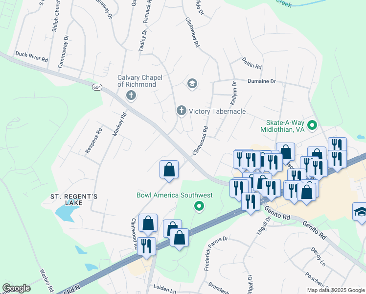 map of restaurants, bars, coffee shops, grocery stores, and more near 11612 Genito Road in Midlothian