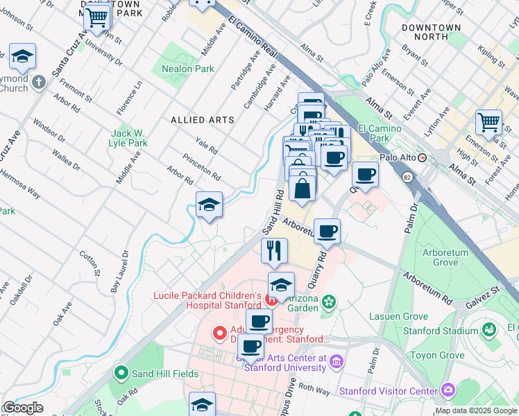 map of restaurants, bars, coffee shops, grocery stores, and more near 620 Sand Hill Road in Palo Alto