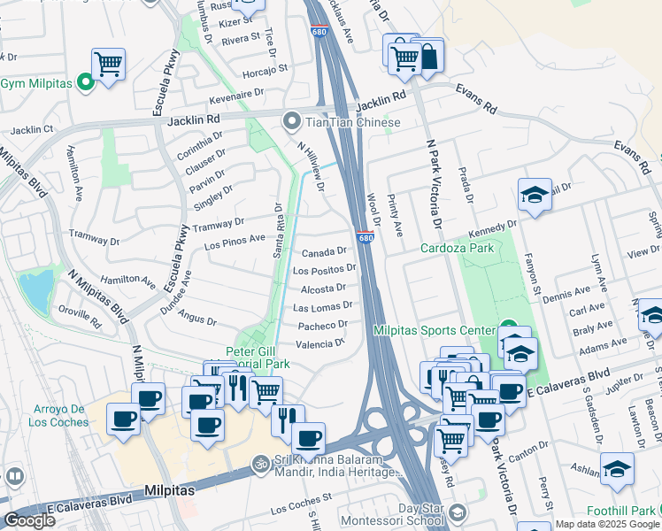 map of restaurants, bars, coffee shops, grocery stores, and more near 888 Canada Drive in Milpitas
