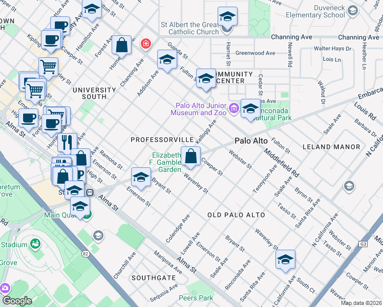 map of restaurants, bars, coffee shops, grocery stores, and more near 1400 Cowper Street in Palo Alto