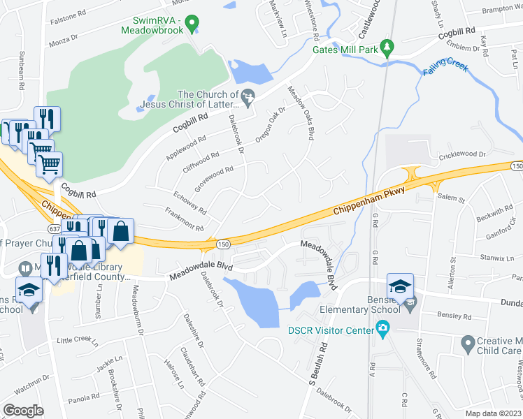 map of restaurants, bars, coffee shops, grocery stores, and more near 3506 Silver Oak Court in Richmond