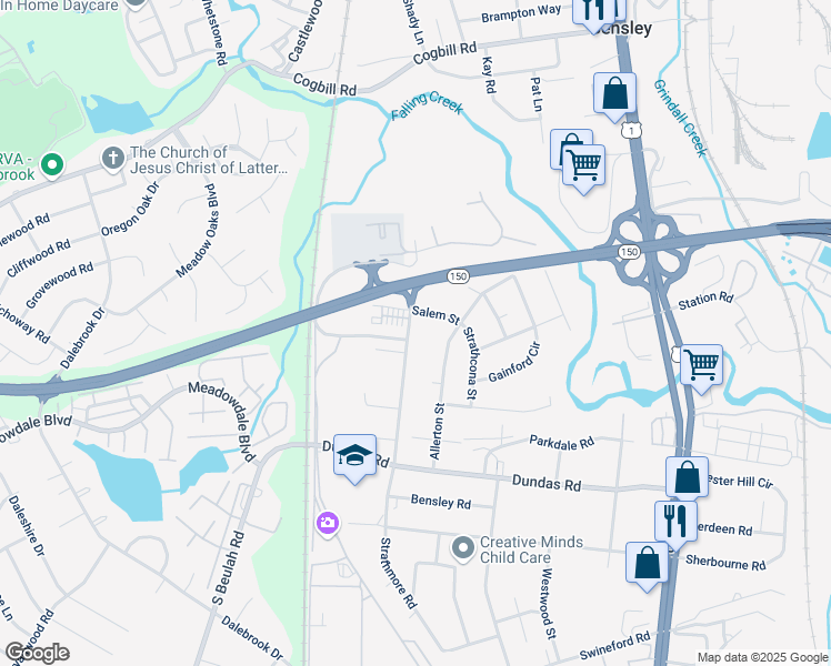 map of restaurants, bars, coffee shops, grocery stores, and more near 6129 Strathmore Road in Richmond