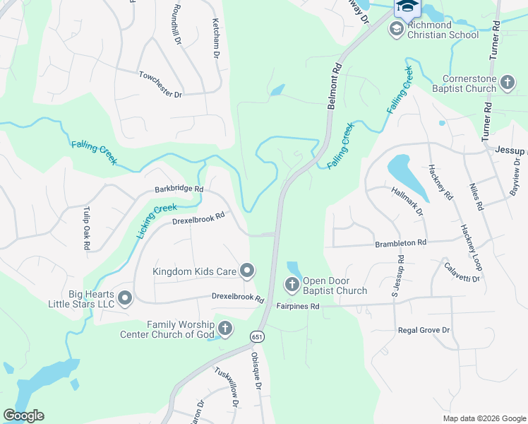 map of restaurants, bars, coffee shops, grocery stores, and more near 6940 Belmont Road in Chesterfield