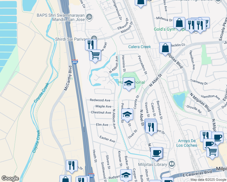 map of restaurants, bars, coffee shops, grocery stores, and more near 1009 North Abbott Avenue in Milpitas