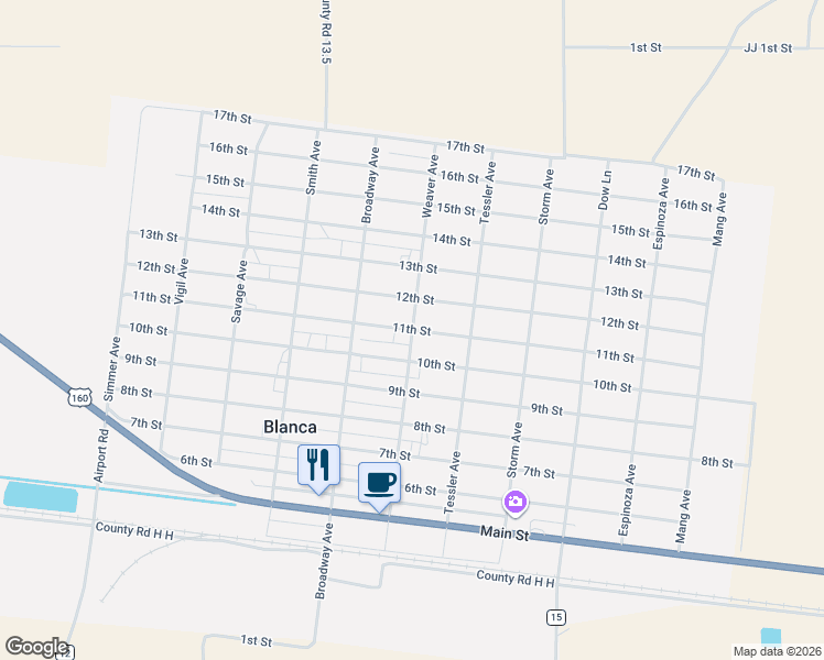 map of restaurants, bars, coffee shops, grocery stores, and more near 11th Street in Blanca
