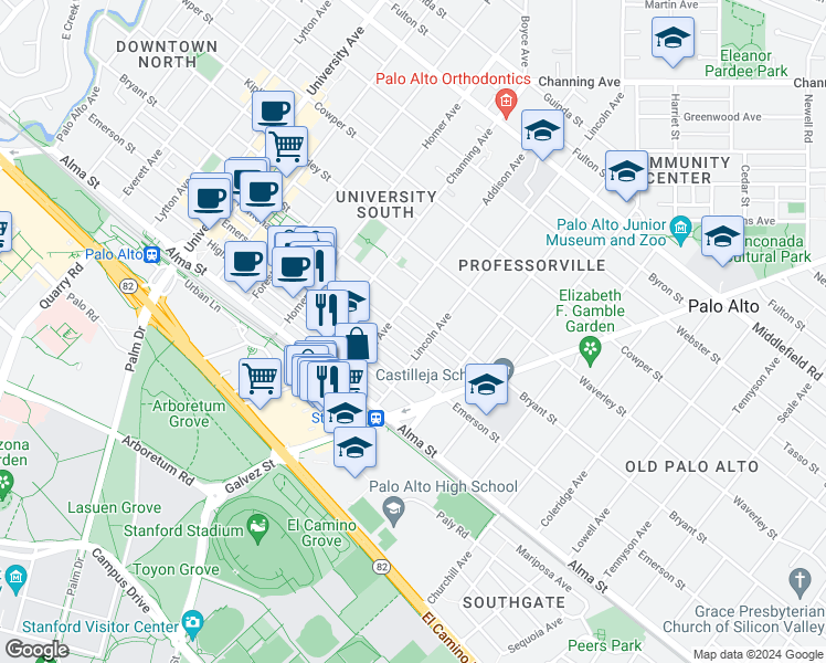 map of restaurants, bars, coffee shops, grocery stores, and more near 1001 Ramona Street in Palo Alto
