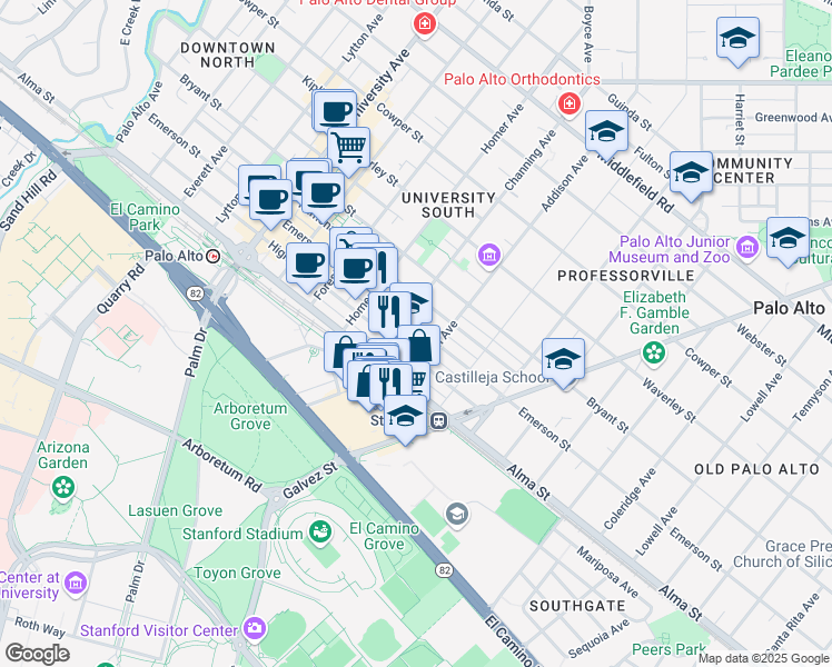 map of restaurants, bars, coffee shops, grocery stores, and more near 935 Emerson Street in Palo Alto