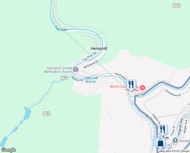map of restaurants, bars, coffee shops, grocery stores, and more near North Main Street in Welch
