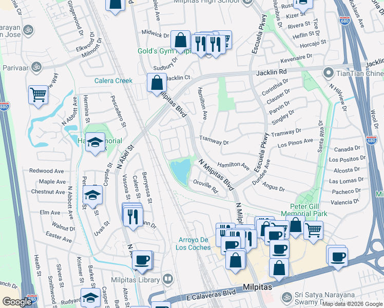map of restaurants, bars, coffee shops, grocery stores, and more near 690 Erie Circle in Milpitas