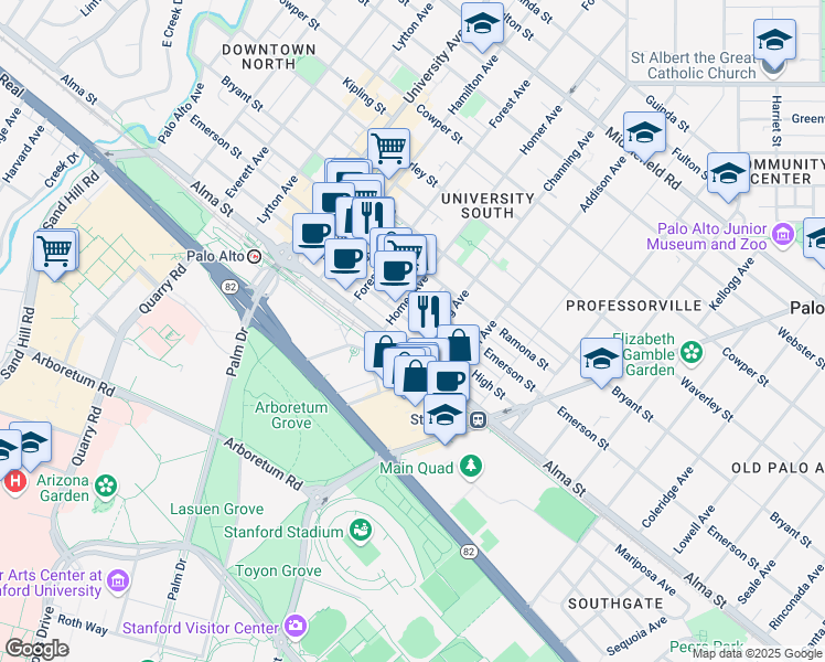 map of restaurants, bars, coffee shops, grocery stores, and more near 800 High Street in Palo Alto