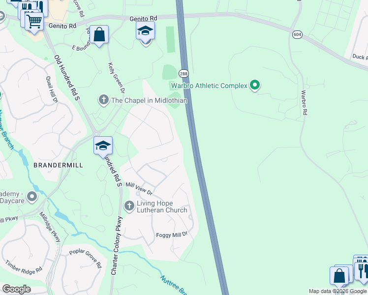 map of restaurants, bars, coffee shops, grocery stores, and more near 12700 Forest Mill Dr in Midlothian