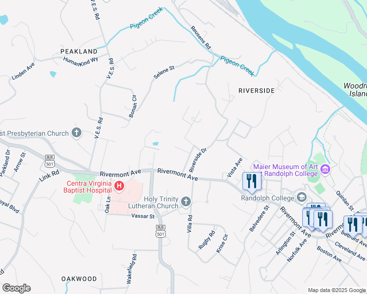 map of restaurants, bars, coffee shops, grocery stores, and more near 3416-3418 Plymouth Place in Lynchburg