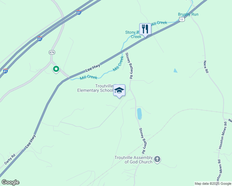 map of restaurants, bars, coffee shops, grocery stores, and more near 12 Barron Drive in Troutville