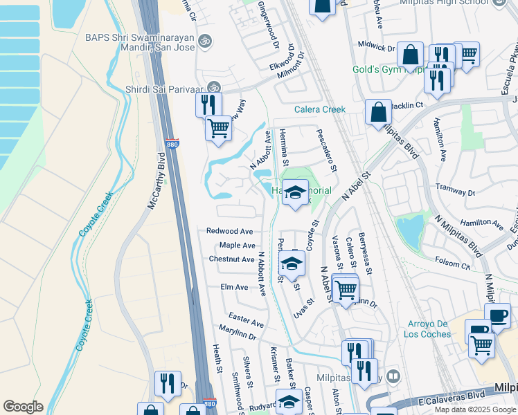 map of restaurants, bars, coffee shops, grocery stores, and more near 1009 North Abbott Avenue in Milpitas