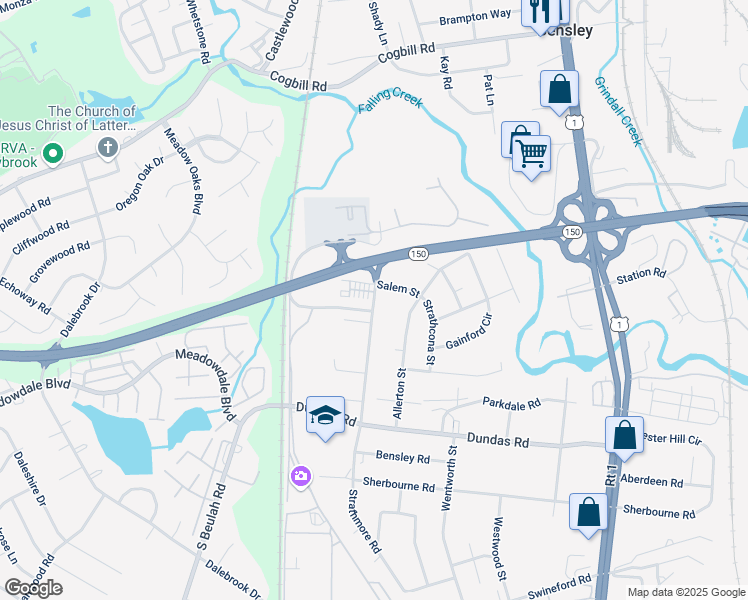 map of restaurants, bars, coffee shops, grocery stores, and more near 6117 Strathmore Road in Richmond
