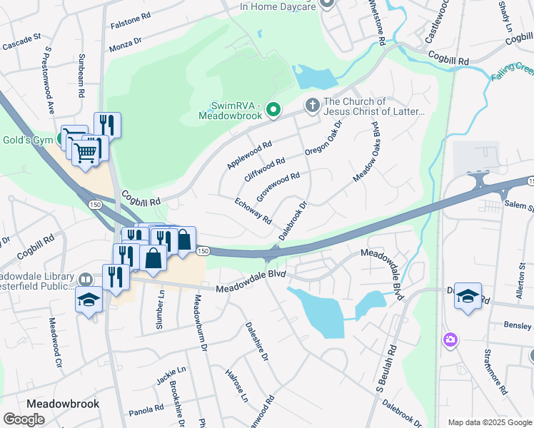 map of restaurants, bars, coffee shops, grocery stores, and more near 3628 Echoway Road in Richmond