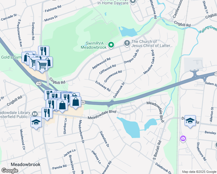 map of restaurants, bars, coffee shops, grocery stores, and more near 3628 Echoway Road in Richmond