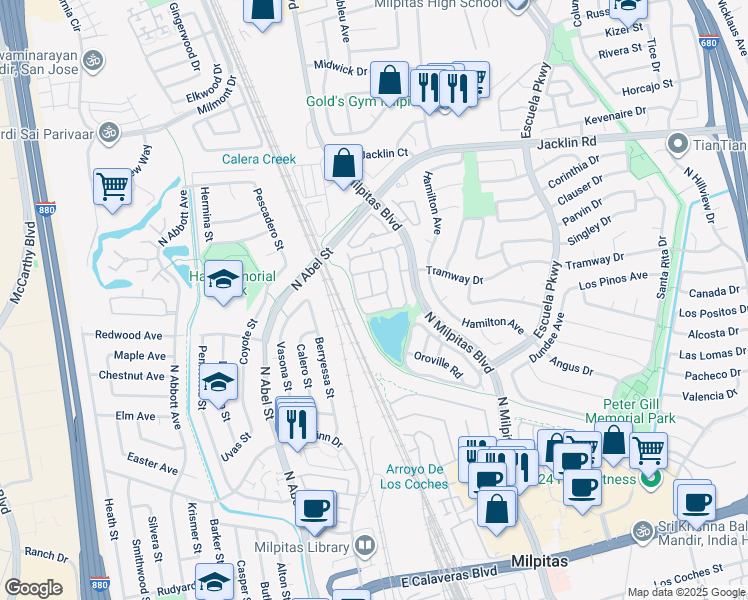 map of restaurants, bars, coffee shops, grocery stores, and more near 264 Ontario Road in Milpitas