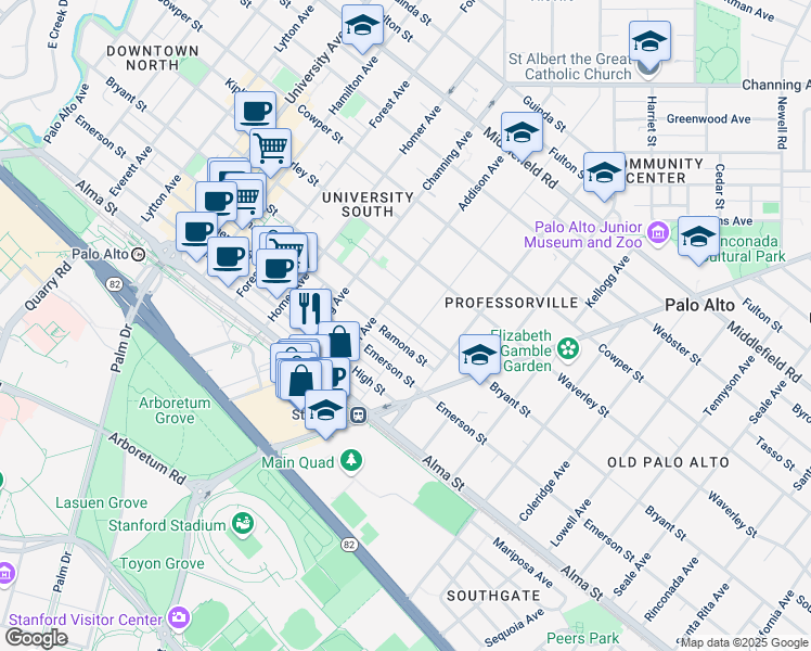 map of restaurants, bars, coffee shops, grocery stores, and more near 1044 Bryant Street in Palo Alto
