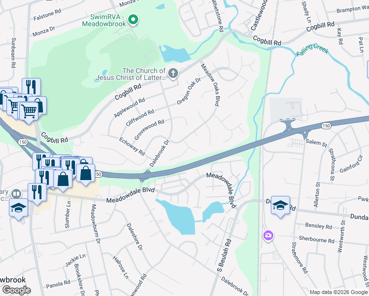 map of restaurants, bars, coffee shops, grocery stores, and more near 5900 Silver Oak Lane in Richmond