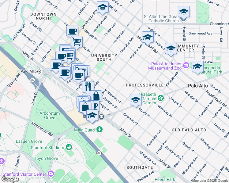 map of restaurants, bars, coffee shops, grocery stores, and more near 1044 Bryant Street in Palo Alto