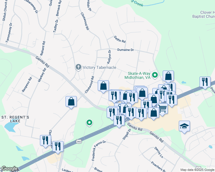 map of restaurants, bars, coffee shops, grocery stores, and more near 3406 Oak Meadow Lane in Midlothian