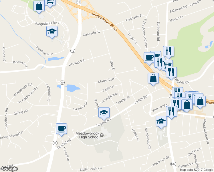 map of restaurants, bars, coffee shops, grocery stores, and more near 4746 Twila Lane in Richmond