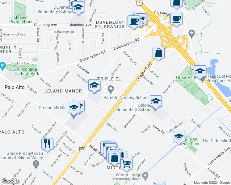 map of restaurants, bars, coffee shops, grocery stores, and more near 2351 Louis Road in Palo Alto