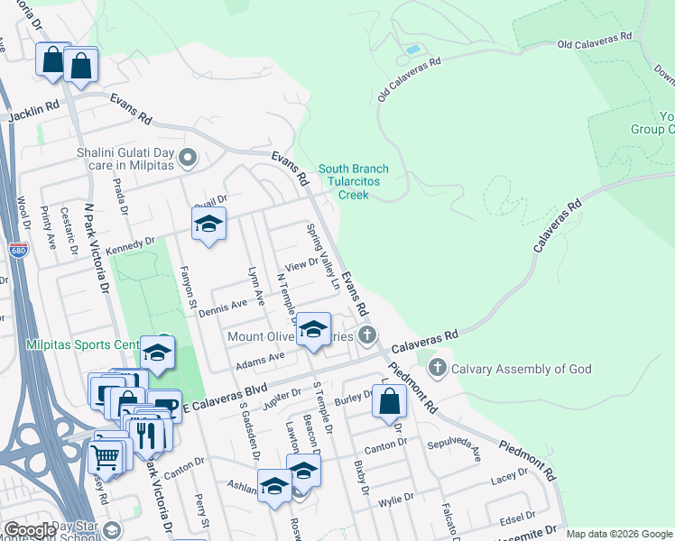 map of restaurants, bars, coffee shops, grocery stores, and more near 290 Spring Valley Lane in Milpitas