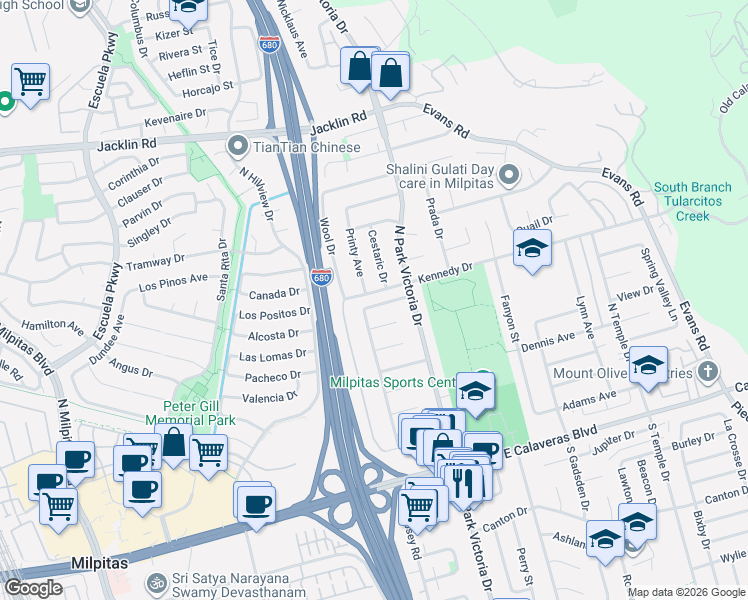 map of restaurants, bars, coffee shops, grocery stores, and more near 449 Printy Avenue in Milpitas