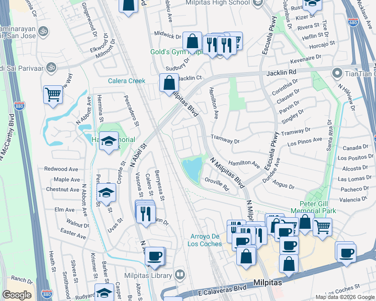 map of restaurants, bars, coffee shops, grocery stores, and more near 710 Jennifer Way in Milpitas