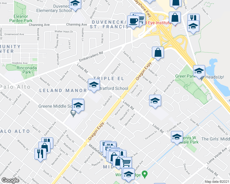 map of restaurants, bars, coffee shops, grocery stores, and more near 921 Oregon Avenue in Palo Alto
