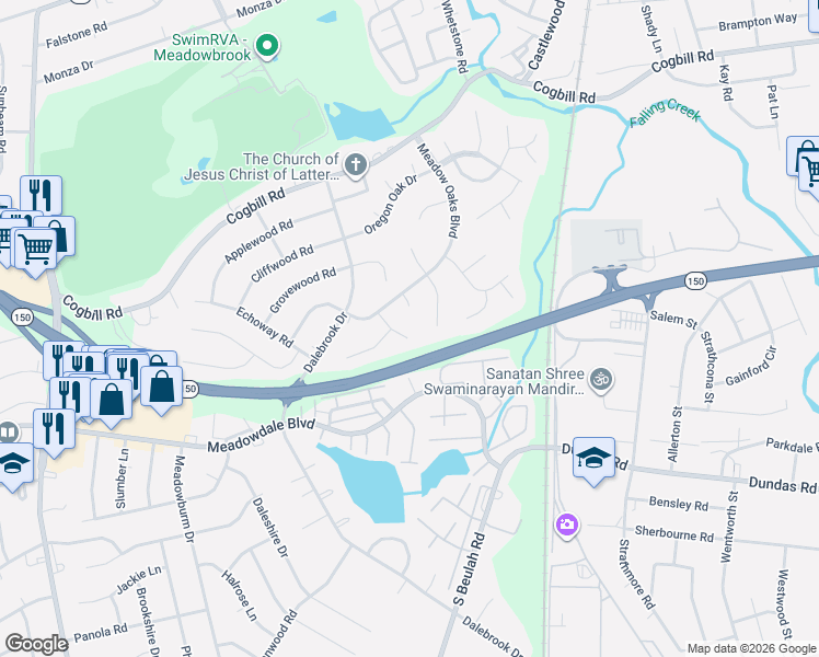 map of restaurants, bars, coffee shops, grocery stores, and more near 5908 Misty Oak Court in Richmond