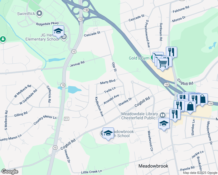 map of restaurants, bars, coffee shops, grocery stores, and more near 4746 Twila Lane in Richmond