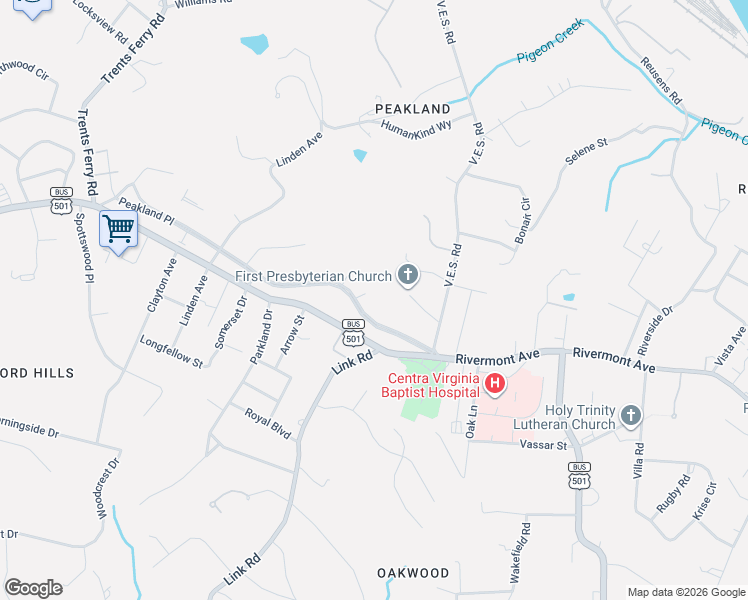 map of restaurants, bars, coffee shops, grocery stores, and more near 1215 V.E.S. Road in Lynchburg