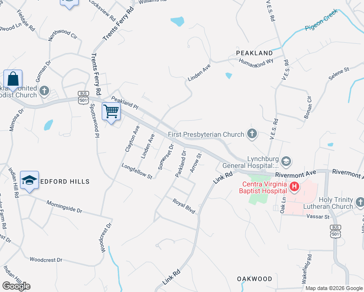 map of restaurants, bars, coffee shops, grocery stores, and more near 1500 Somerset Drive in Lynchburg