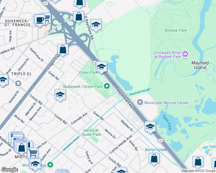 map of restaurants, bars, coffee shops, grocery stores, and more near Esther Court in Palo Alto