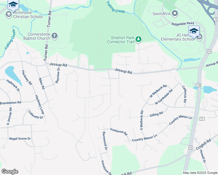 map of restaurants, bars, coffee shops, grocery stores, and more near 3417 Jessup Pond Lane in Richmond