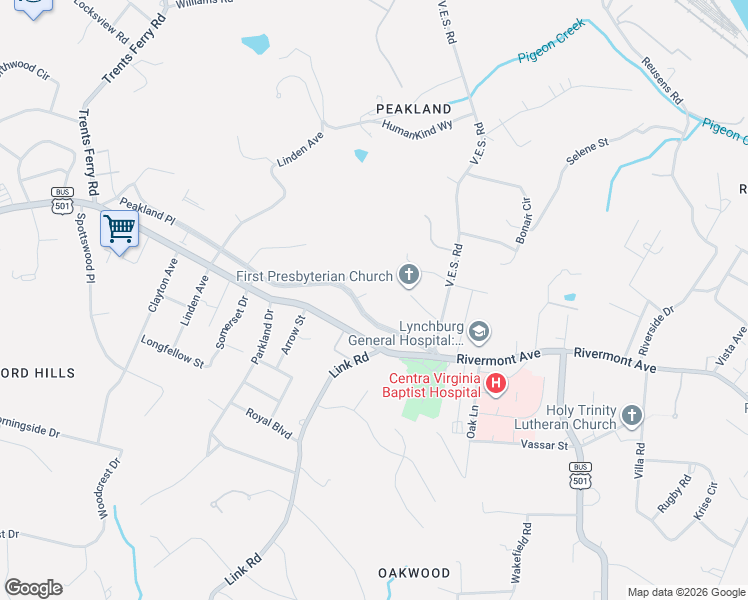 map of restaurants, bars, coffee shops, grocery stores, and more near 1215 V.E.S. Road in Lynchburg